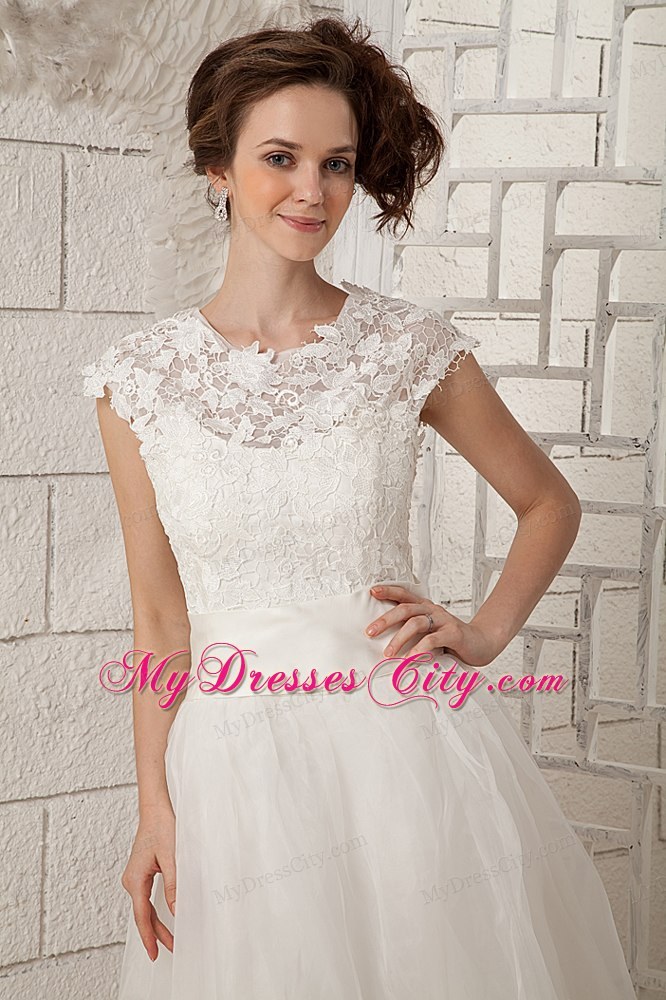 Lovely Cap Sleeves Aline Lace Scoop Tealength Wedding Dress