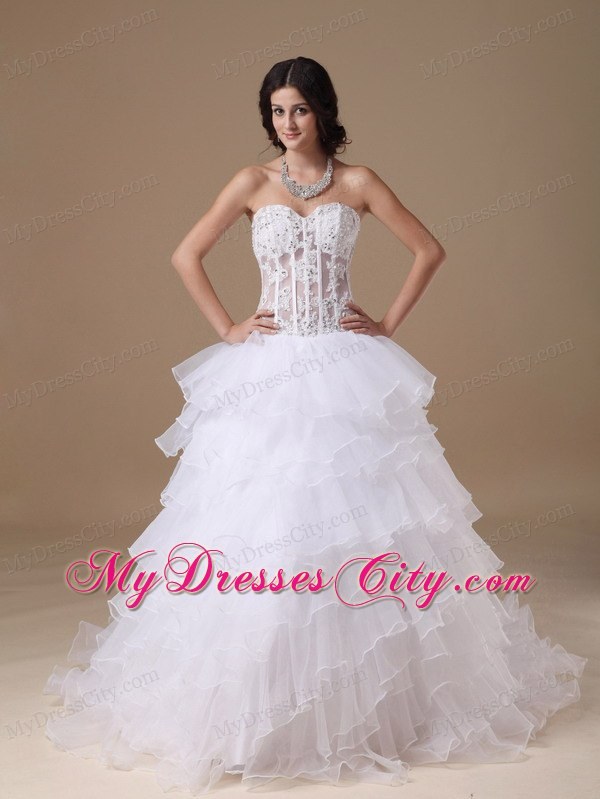 A-line Chapel Train Appliques Wedding Dress with Sheer Waist