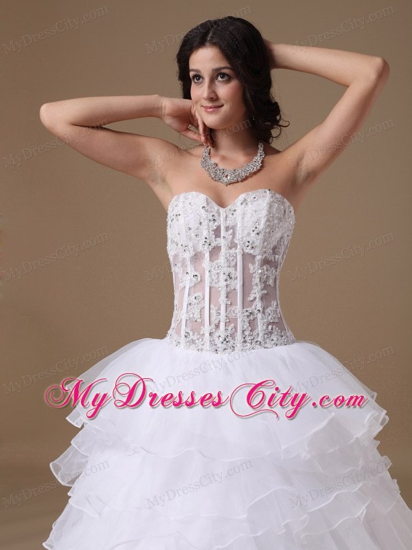 A-line Chapel Train Appliques Wedding Dress with Sheer Waist