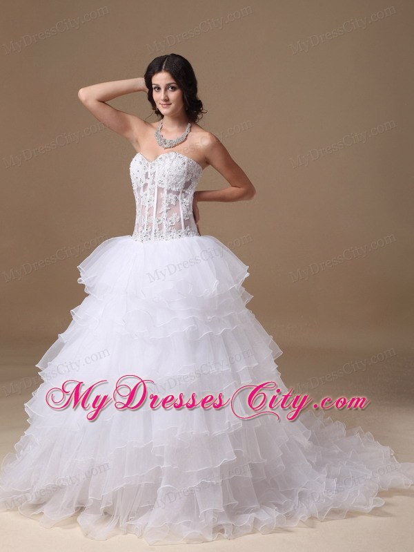 A-line Chapel Train Appliques Wedding Dress with Sheer Waist
