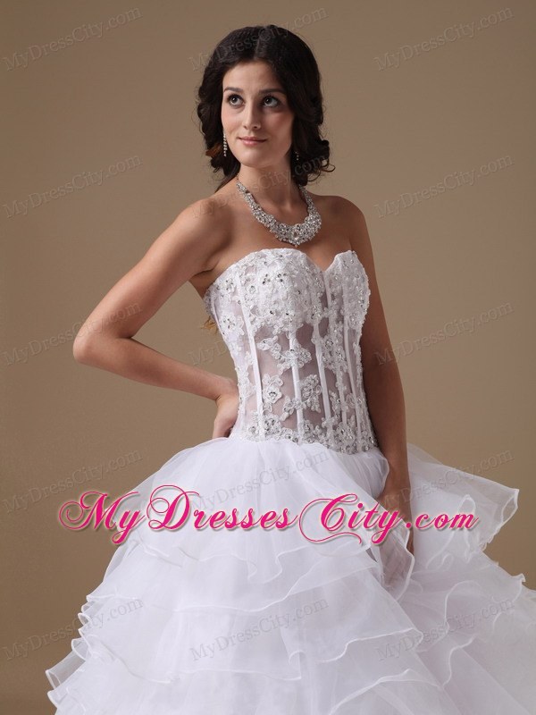 A-line Chapel Train Appliques Wedding Dress with Sheer Waist