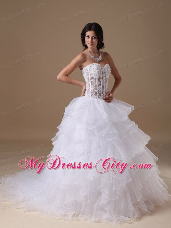 A-line Chapel Train Appliques Wedding Dress with Sheer Waist