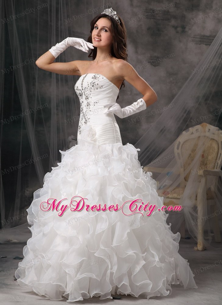 Gorgeous A-line Strapless Ruffled Layers Beaded wedding Gown