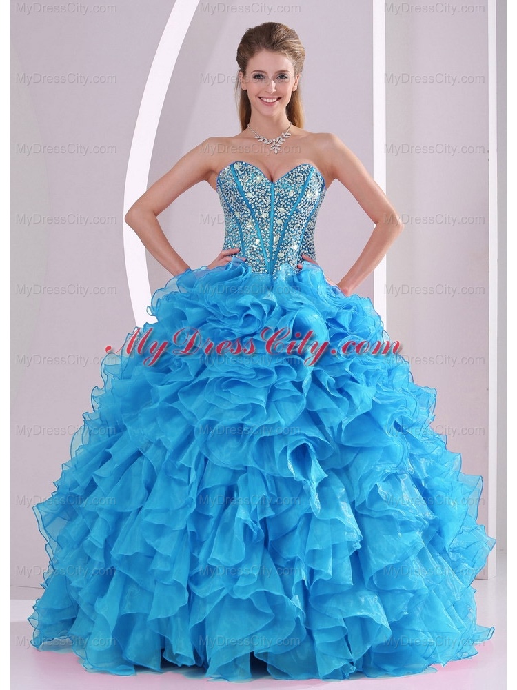 Blue Sweetheart Organza 2014 Quinceanera Gowns with Fitted Waist