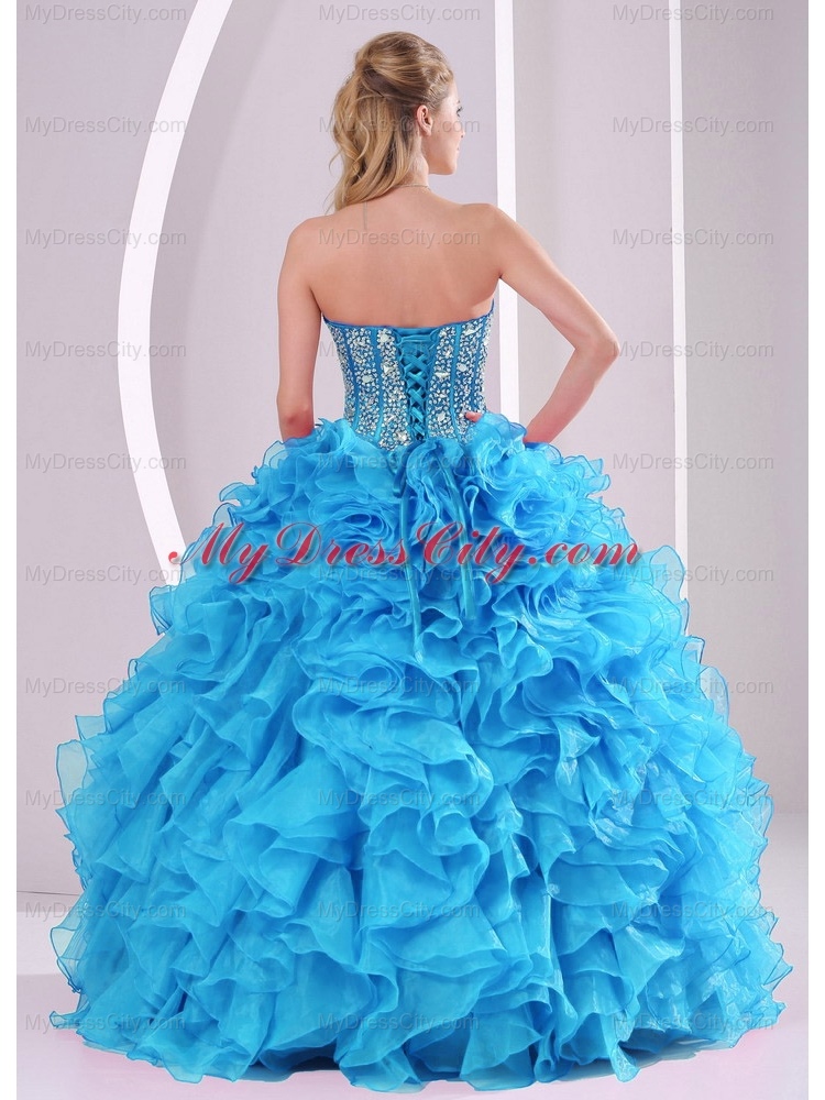 Blue Sweetheart Organza 2014 Quinceanera Gowns with Fitted Waist