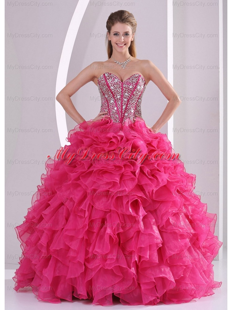 Red Ball Gown Sweetheart Ruffles and Beading Long Best Quinceanera Dresses