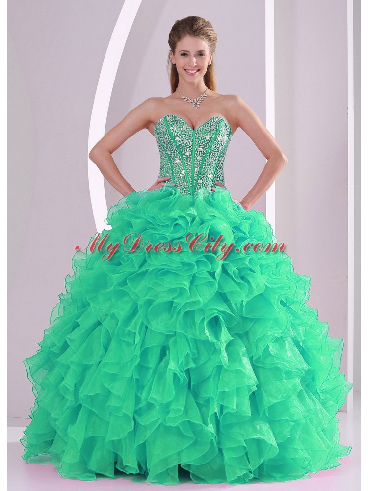 Green Ball Gown Sweetheart Ruffles and Beading Long Best Quinceanera Dresses