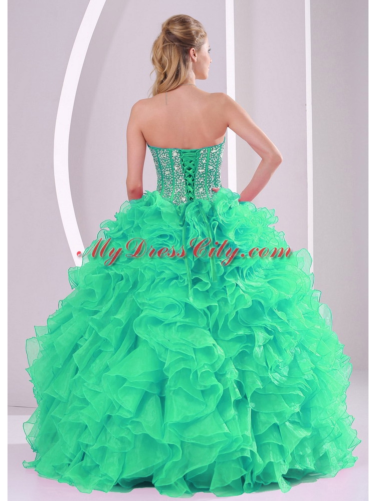 Green Ball Gown Sweetheart Ruffles and Beading Long Best Quinceanera Dresses