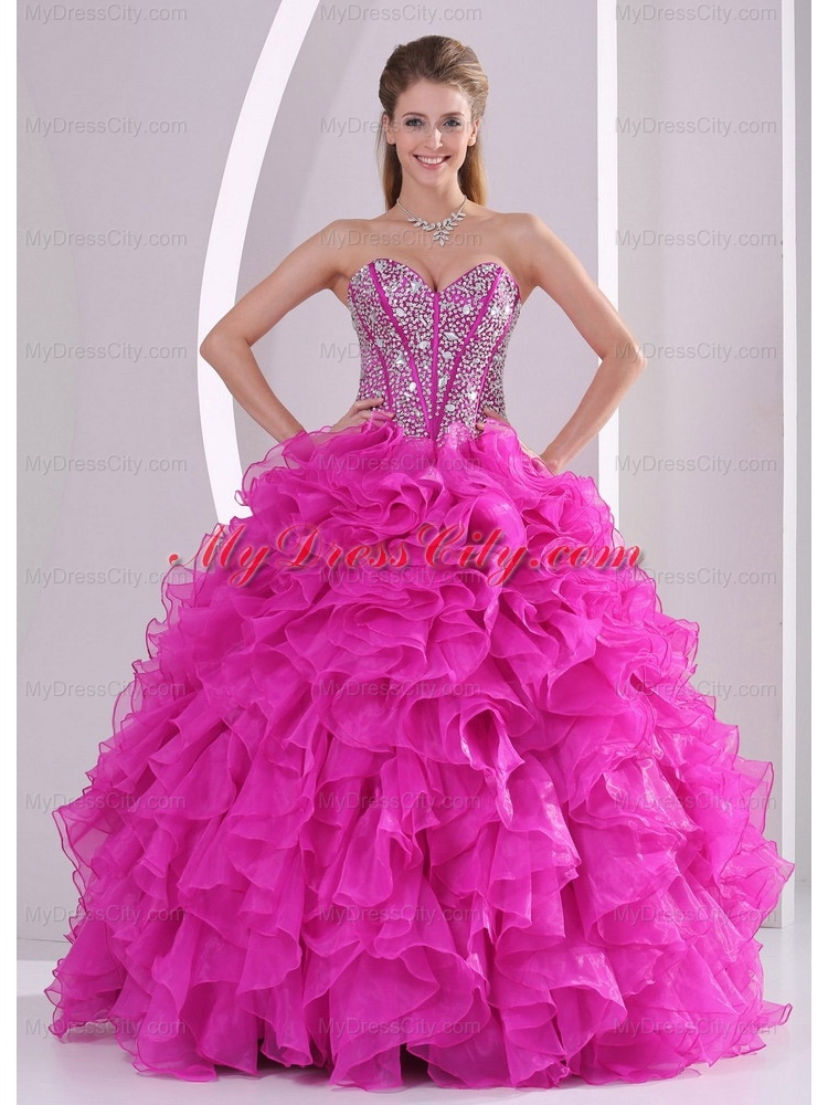 Pretty Sweetheart Beaded Hot Pink 2014 Quinceanera Dresses with Ruffles