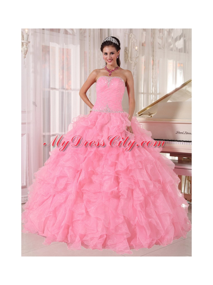 Baby Pink Ball Gown Strapless Organza Beading Classic Quinceanera Dresses