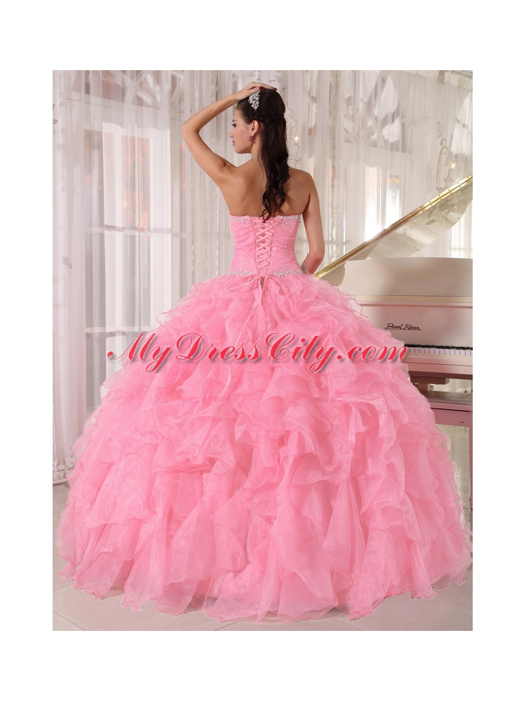 Baby Pink Ball Gown Strapless Organza Beading Classic Quinceanera Dresses