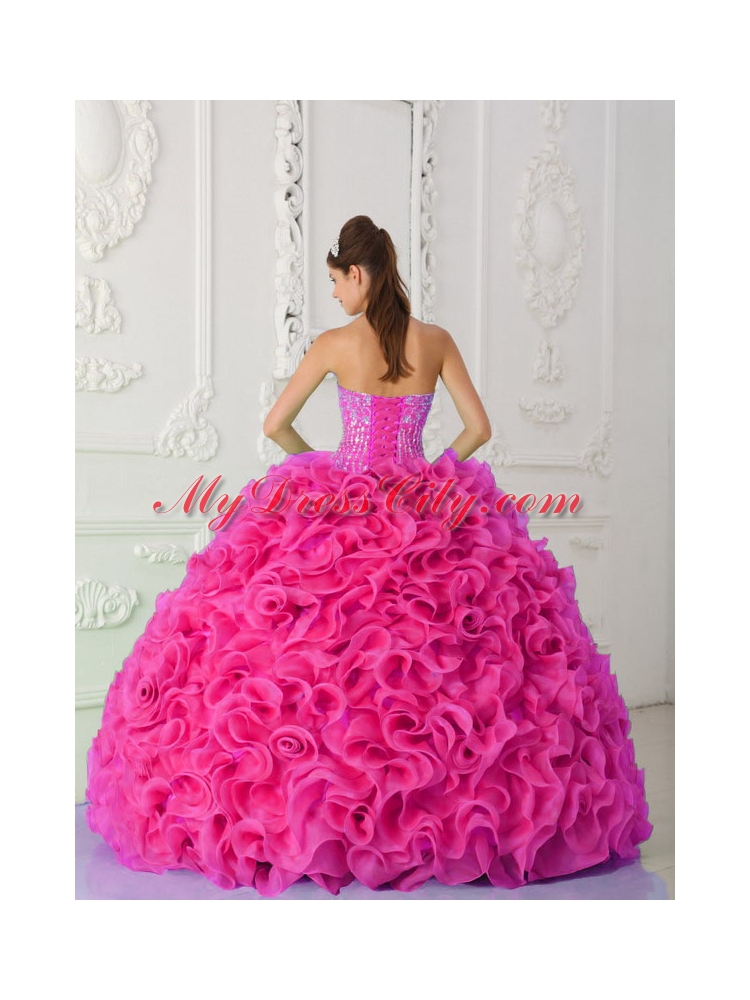 Strapless Ball Gown Organza Hot Pink Classic Quinceanera Dresses with Beading and Ruffles