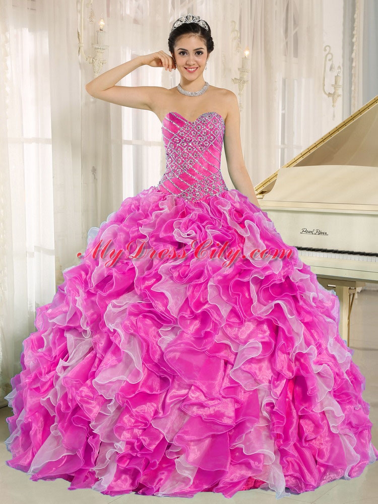 Hot Pink Beaded and Ruffles Elegant Quinceanera Dresses