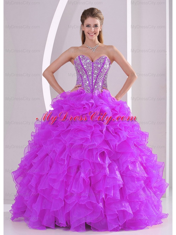 2013 Winter Sweetheart Ruffles and Beading Long Unique Quinceanera Dresses in Fuchsia