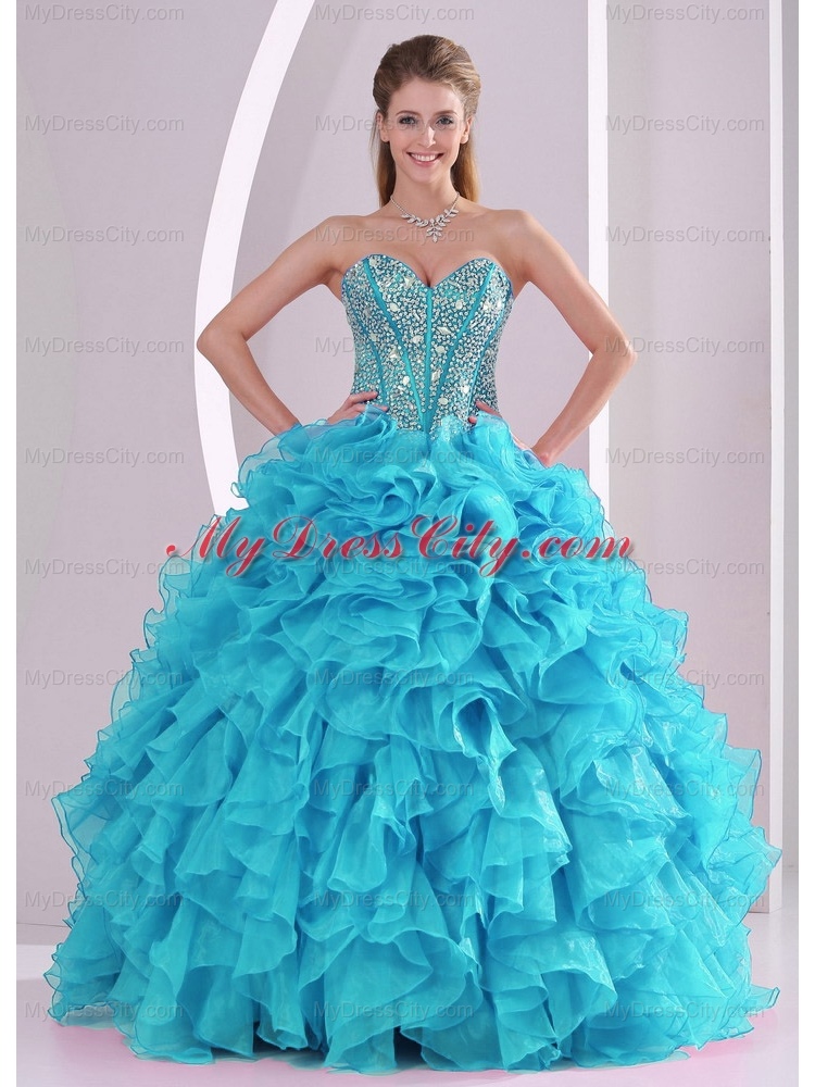 Baby Blue Sweetheart Ruffles and   Beaded Decorate Sleeveless Pretty   Quinceanera Dresses