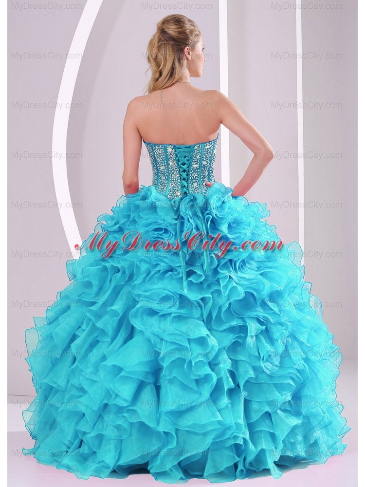 Baby Blue Sweetheart Ruffles and   Beaded Decorate Sleeveless Pretty   Quinceanera Dresses