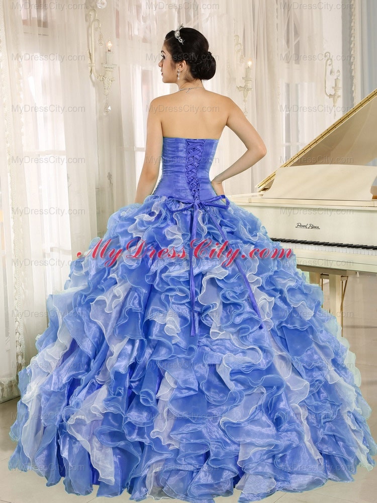 Beaded Bodice and Ruffles Custom Made Blue and White Rainbow Quinceanera Dresses