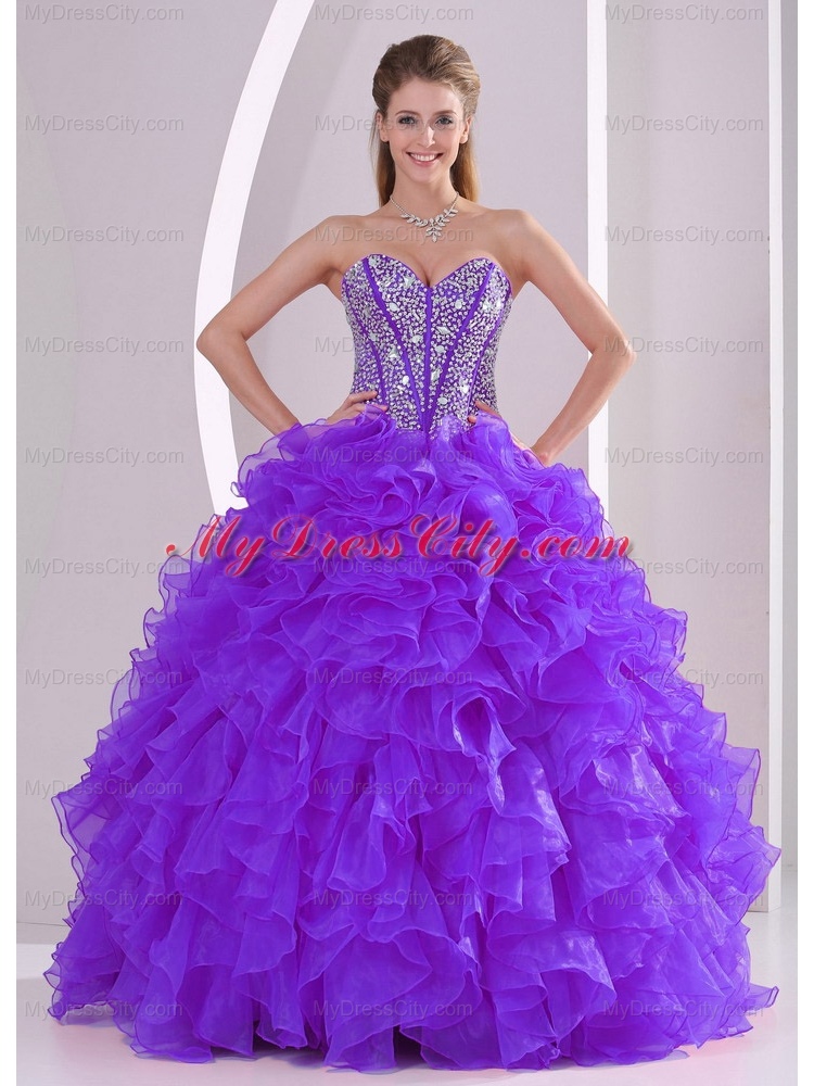 Purple Ball Gown Sweetheart Ruffles and Beading Lace Up Rainbow Quinceanera Dresses