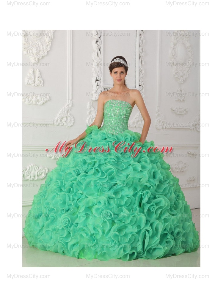 Turquoise Strapless Organza Rainbow Quinceanera Dresses with Beading