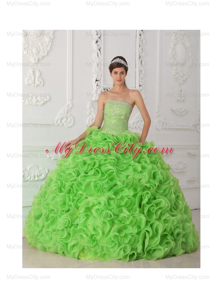 Designer  Organza Spring Green Ball Gown Strapless Quinceanera Dress with Beading