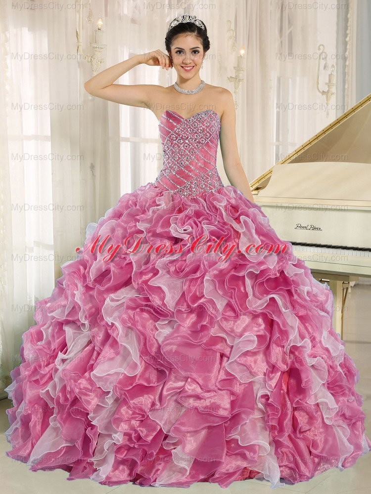 Designer Pink Beaded Bodice and Ruffles Custom Made For 2013 Quinceanera Dress