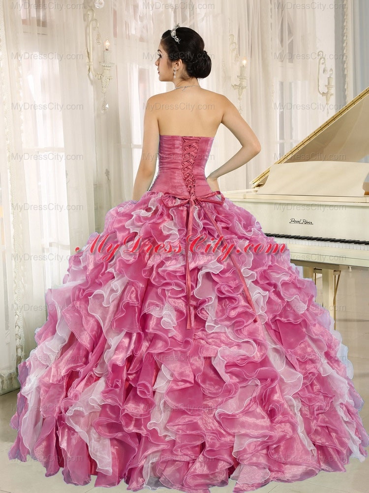 Designer Pink Beaded Bodice and Ruffles Custom Made For 2013 Quinceanera Dress