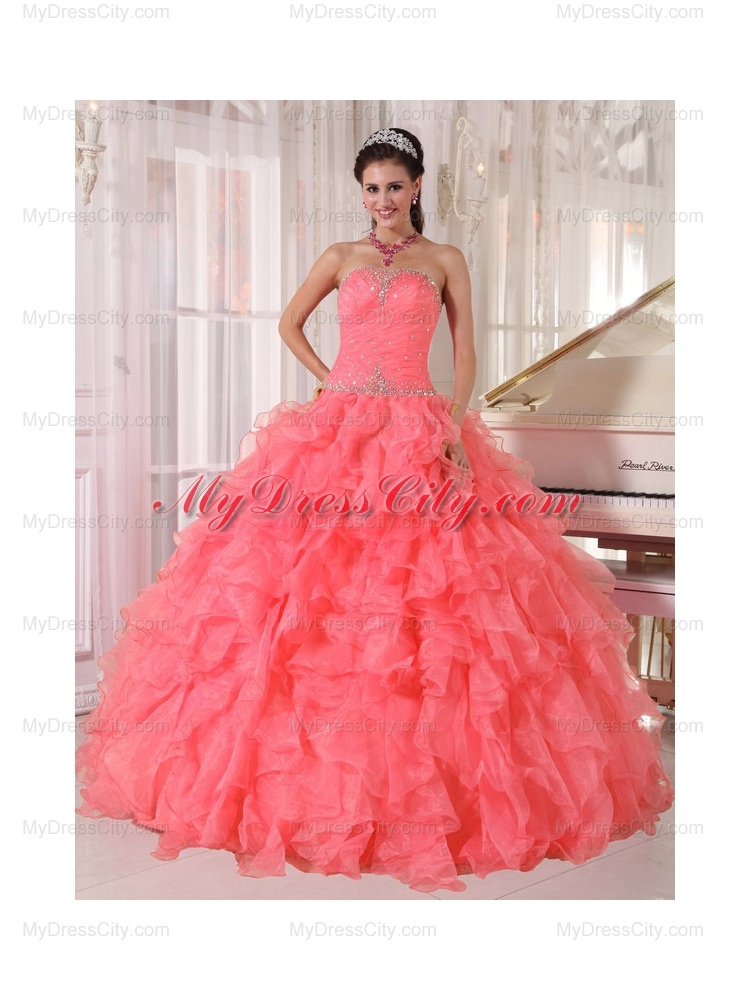 Designer  Popular Strapless Watermelon Red Ruffles Beading Quinceanera Dress for 2014
