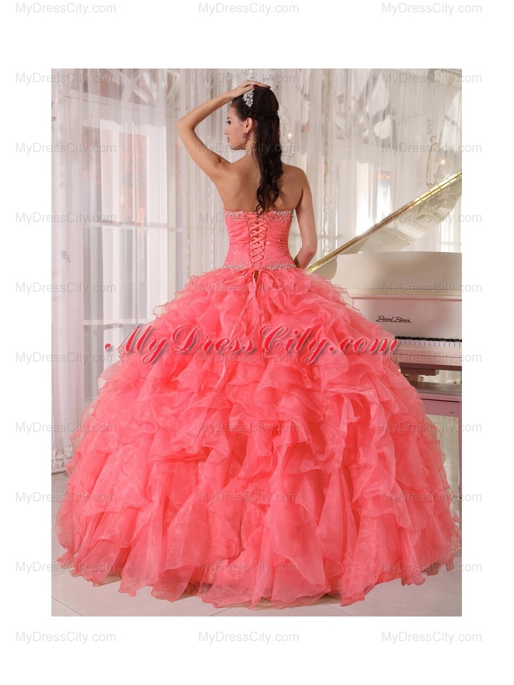 Designer  Popular Strapless Watermelon Red Ruffles Beading Quinceanera Dress for 2014