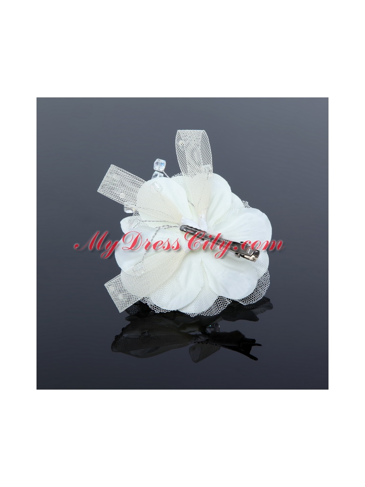 White Tulle Wedding Fascinators Hair Flower with Rhinestone