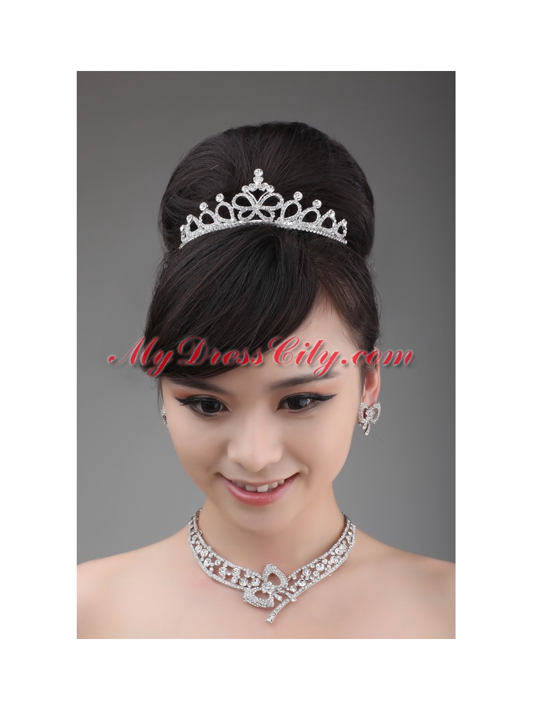 Rhinestone Wedding Jewelry Set Including Necklace  Earrings And Crown With Bowknot