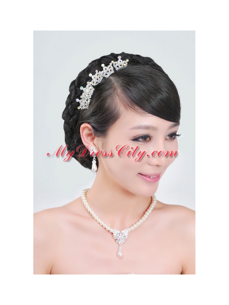 Gorgeous Alloy With Rhinestone Pearls Jewelry Set Including Necklace Earrings and Tiara