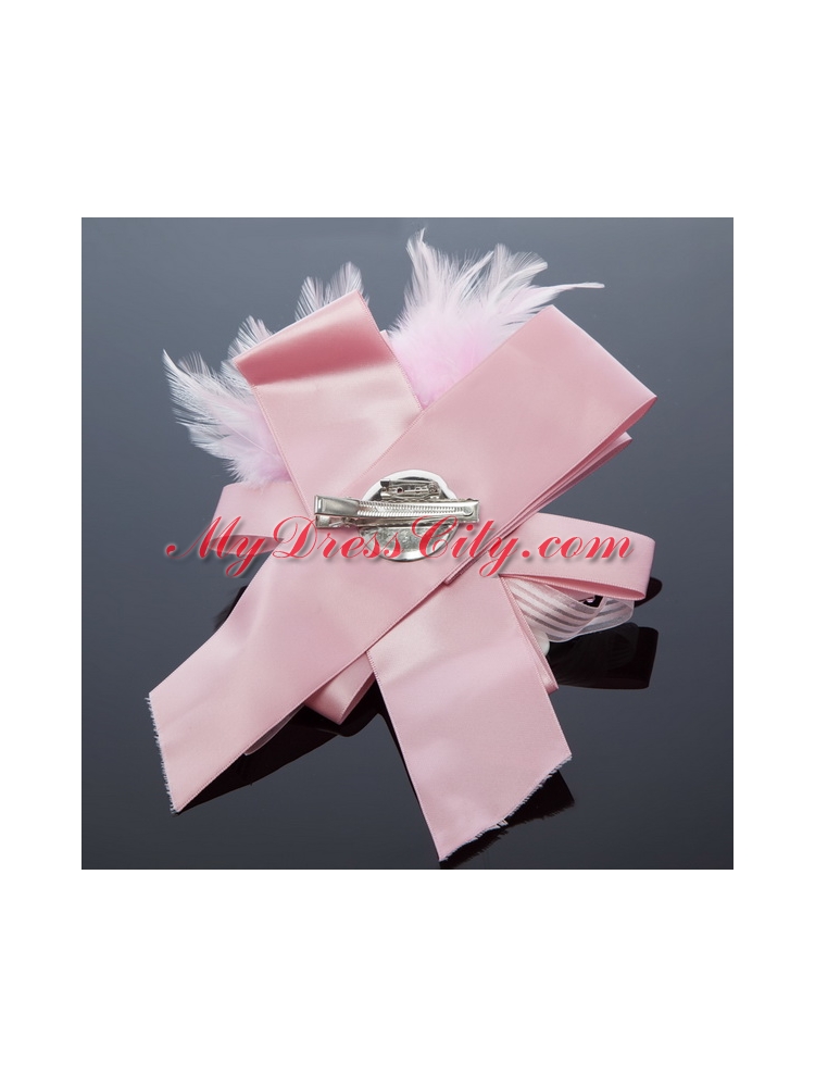 Pink Rhinestone Feather Hair Ornament for Imitation Pearls