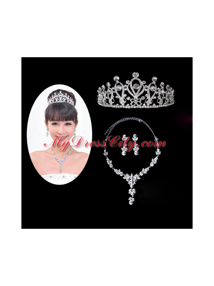 Shining Rhinestones Alloy Plated Wedding Jewelry Set Including Necklace And Tiara