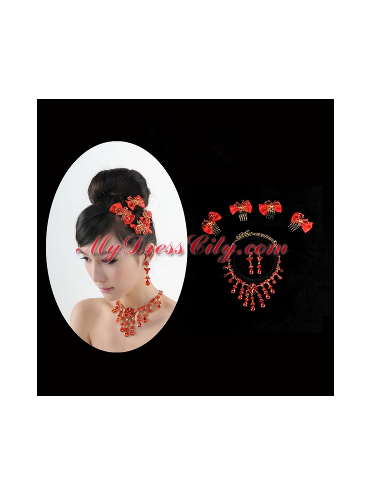 Exquisite Red Intensive Jewelry Set Necklace And Head Bowknot