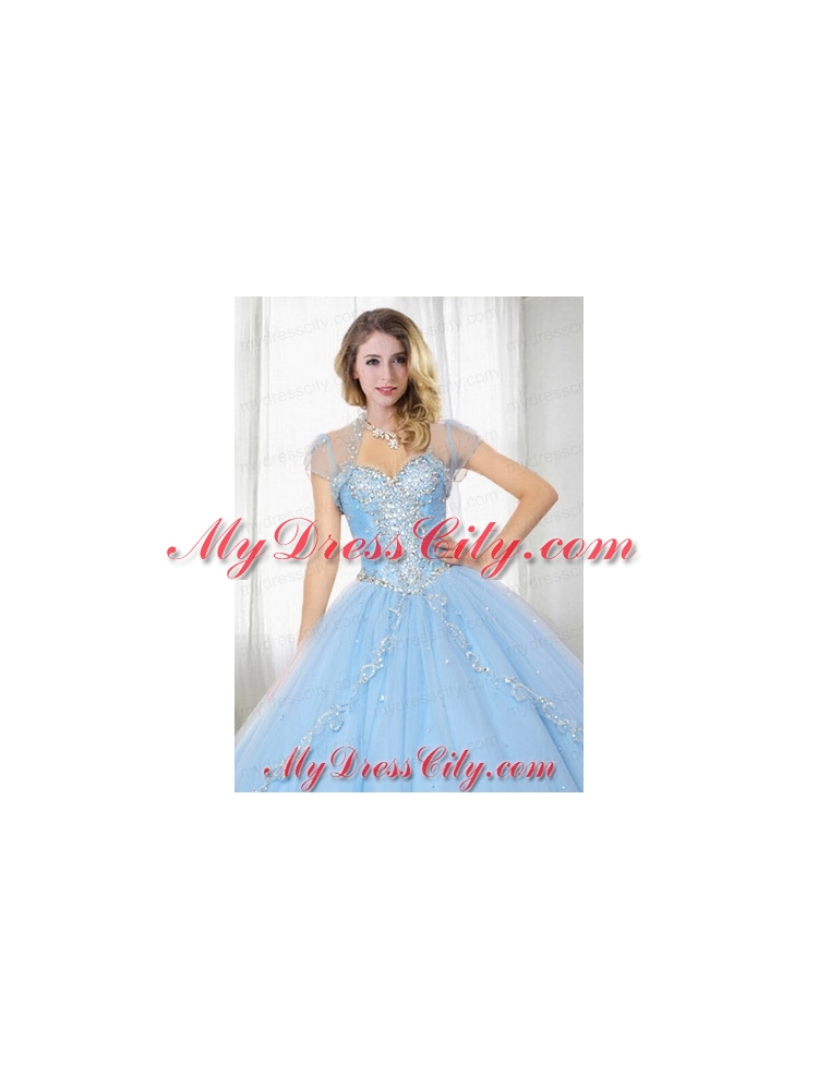 Exquisite Light Blue Tulle Quinceanera Jacket with Embroidery and Beading