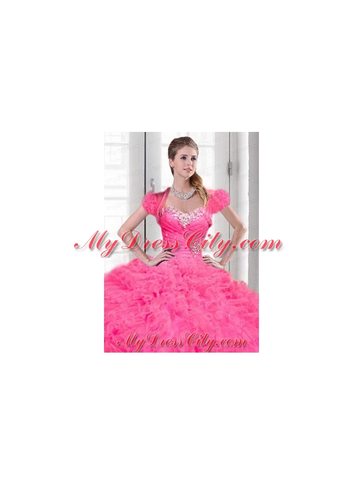 Luxurious Beading and Ruching Organza Quinceanera Jacket with Pink
