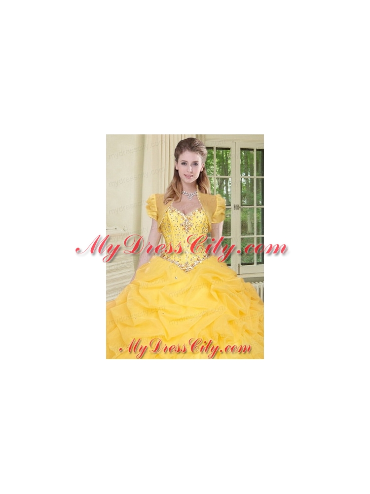 Top Selling High Quality Instock Yellow Quinceanera Jacket with Beading and Ruffles