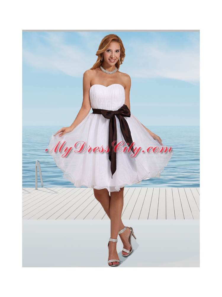Simple White Organza Sweetheart Prom Dress with Ruching and Sash