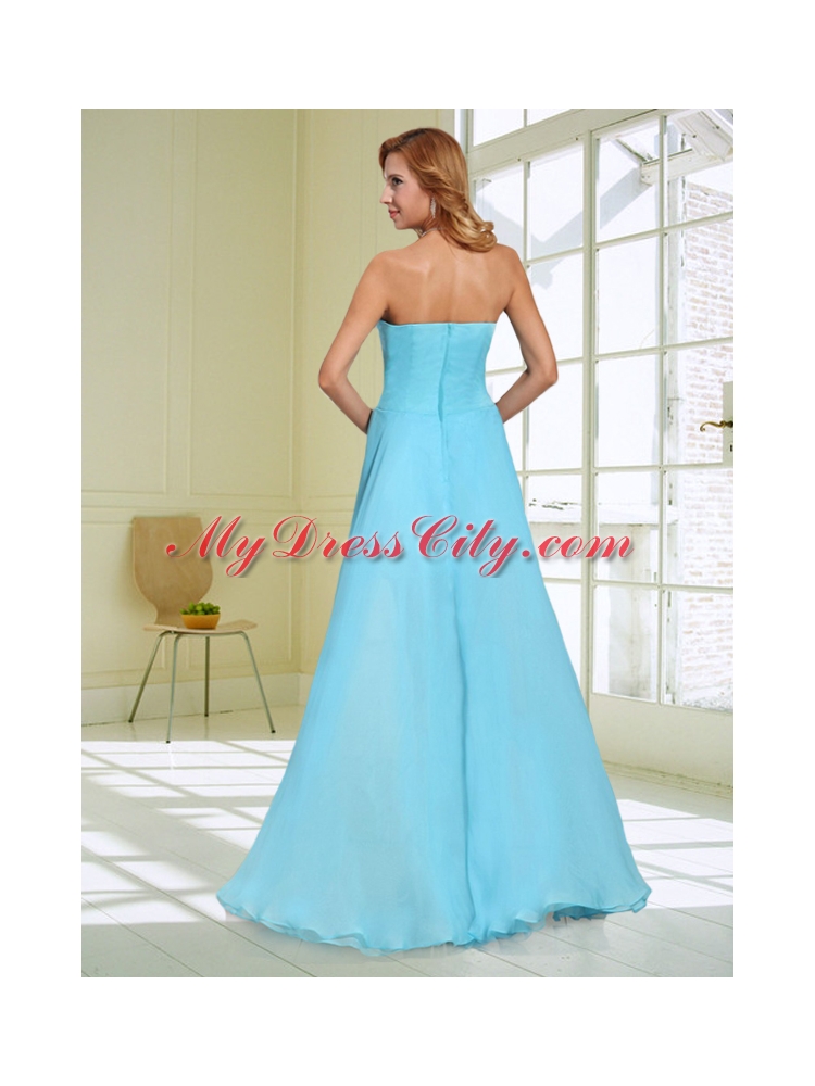 2015 Aque Blue Modest Column Sweetheart Prom Dress with Beading and Ruching