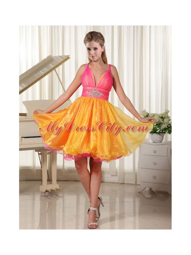 Colorful Princess Straps Organza Prom Dress  with Beading