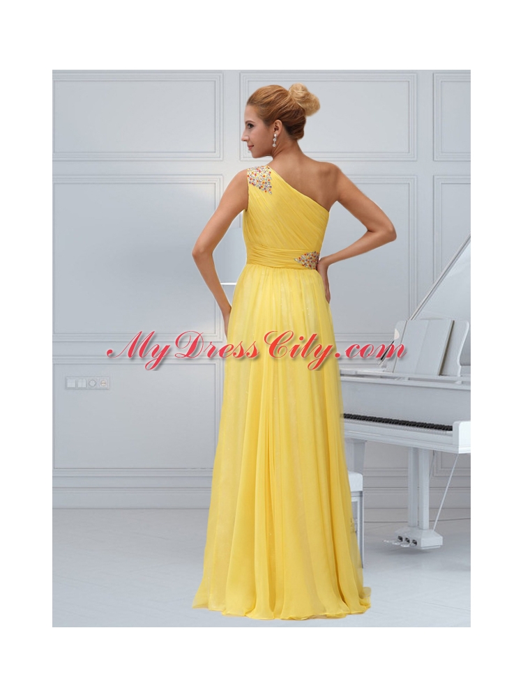 Yellow Chiffon One Shoulder Empire Beading and Ruching Prom Dress