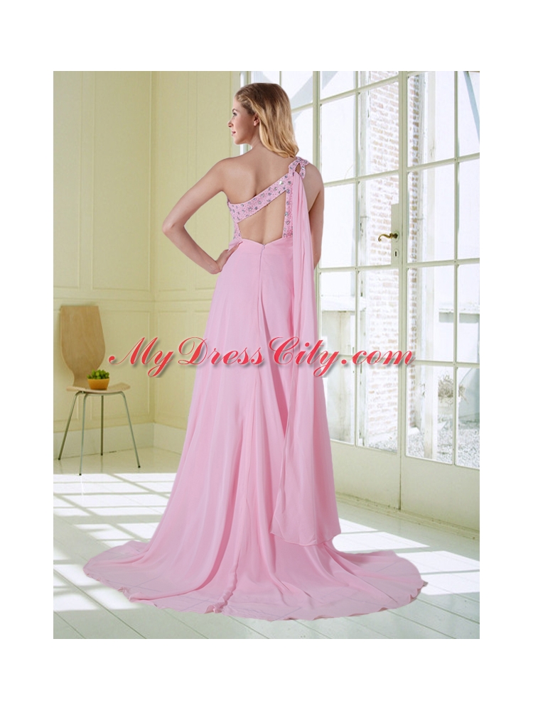 Elegant Pink One Shoulder Prom Dress with Beading and Watteau Train