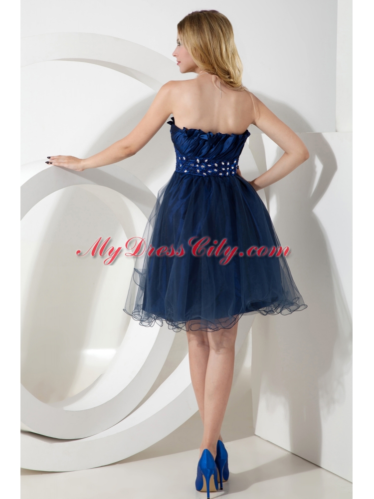 2015 Charming Navy Blue Princess Strapless Organza Beading Prom Dress