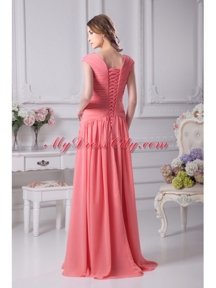 2015 Elegant Watermelon Ruching V Neck Cap Sleeves Long Prom Dress