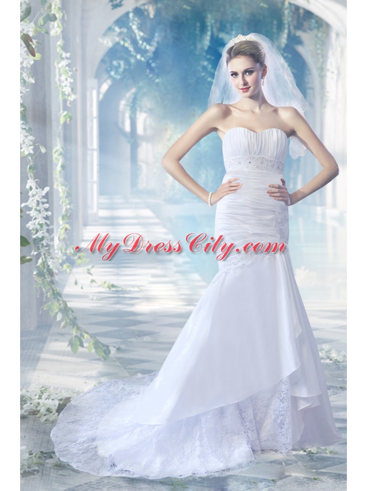 2014 Mermaid Court Train Beading Lace Wedding Dresses with Strapless