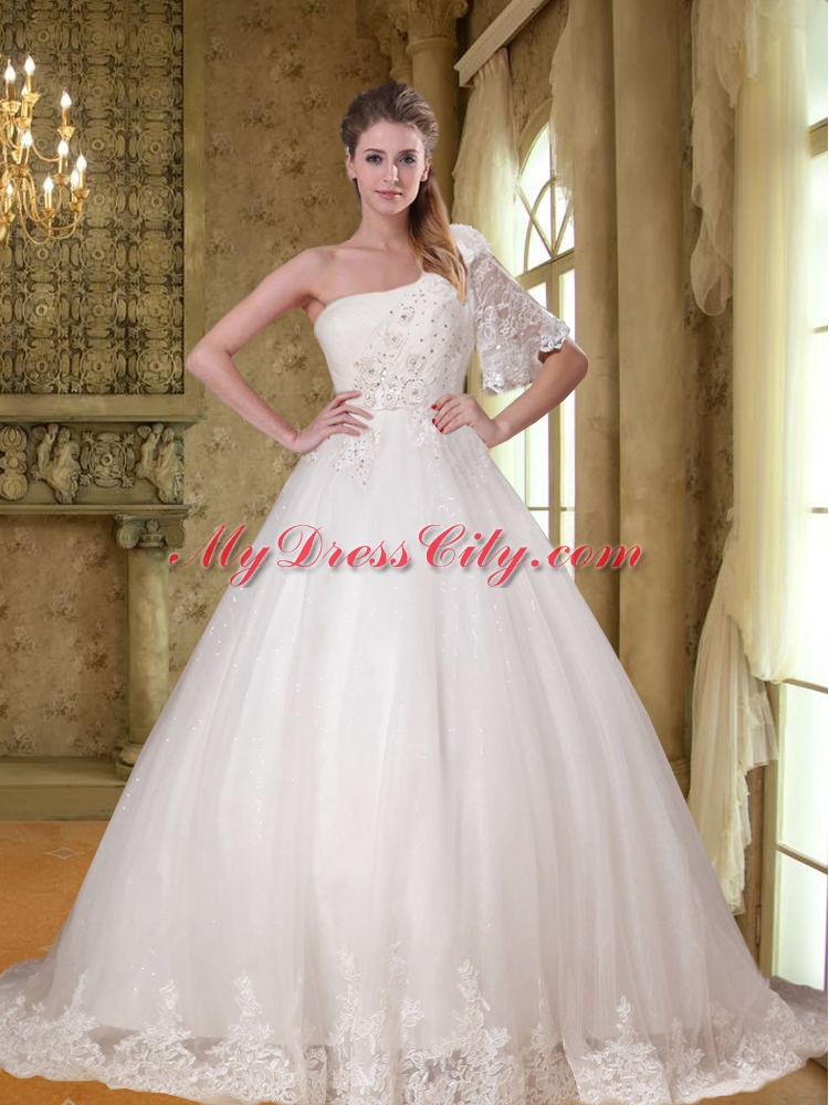 Unique Beading A Line Lace Half Sleeve Wedding Dress with One Shoulder