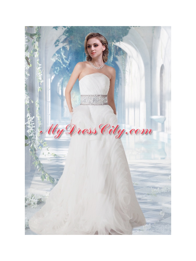 2014 Pretty Strapless Brush Train Beading Wedding Dress