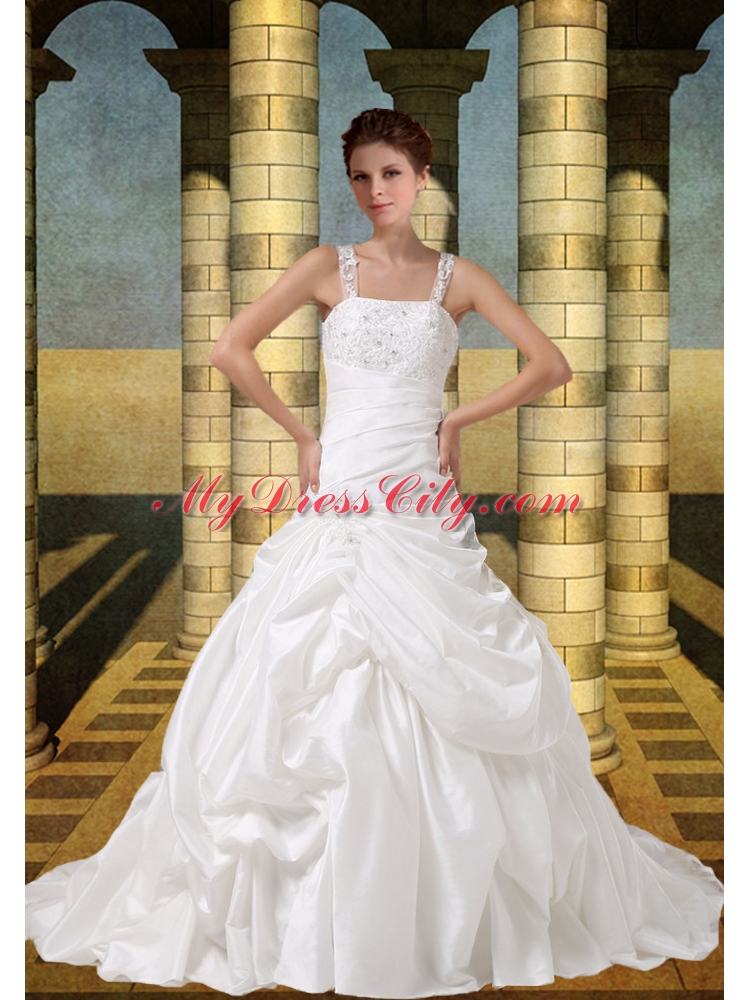 2015 Embroidery A Line Straps Wedding Dress with Brush Train