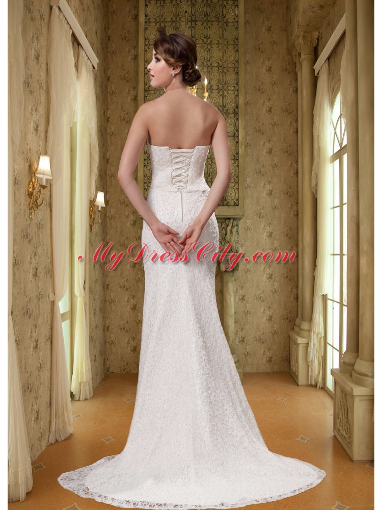 2014 White Strapless Mermaid Lace Wedding Dress with Brush Train