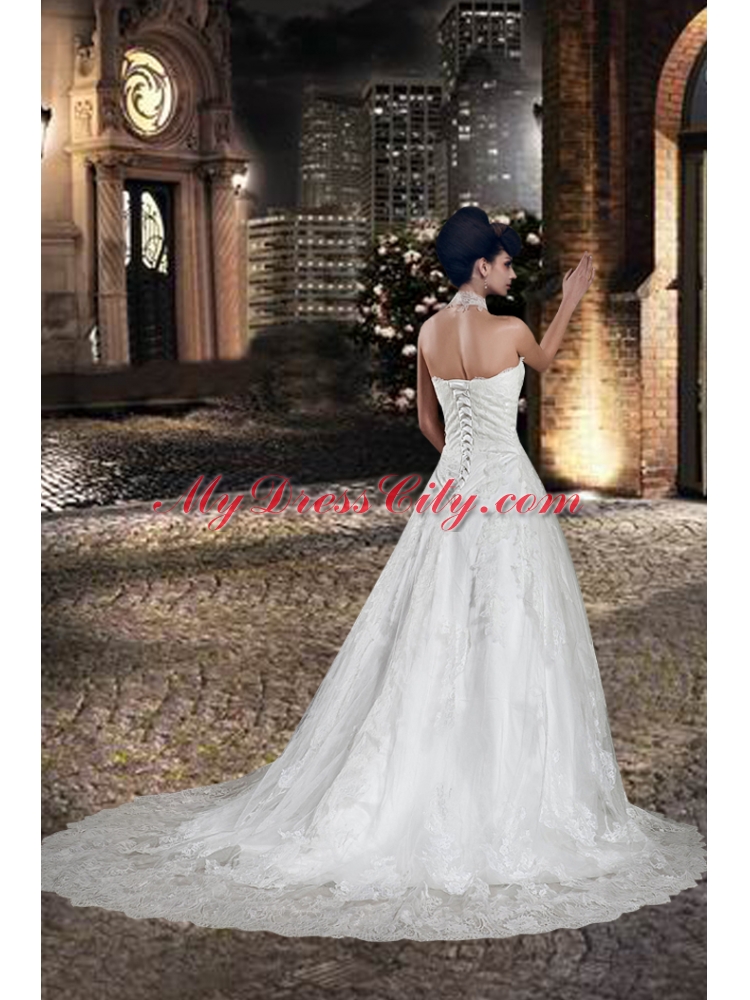 A Line Halter Lace Beading Wedding Dress with Chapel Train